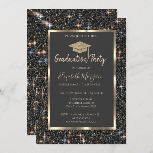 Invitation Diplôme d'or Cap Parties scintillant foncée Gradua (Devant / Derrière)