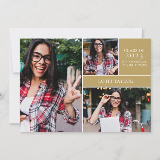 Invitation Diplômé d'or moderne 3 Photo Graduate Party (Devant)