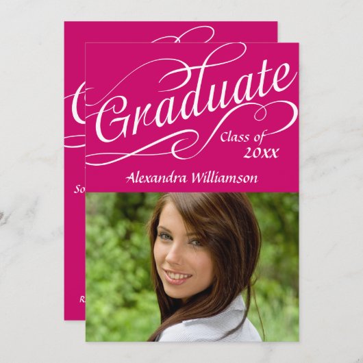 Invitation Diplômé du script Tourbillonnant rose chaud (Devant / Derrière)