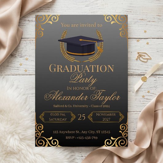 Invitation Diplôme Élégant Noir & Or