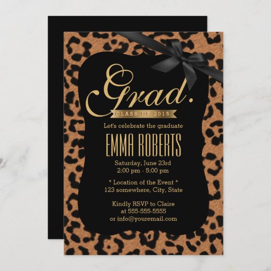 Invitation Diplôme Empreinte de léopard de ruban noir (Devant / Derrière)