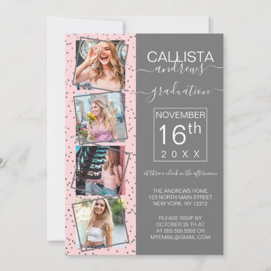 Invitation Diplôme en argent rose Confetti Frontière Photo (Dos)