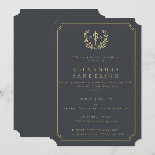 Invitation Diplômé en médecine ostéopathique Gris/Or (Devant / Derrière)