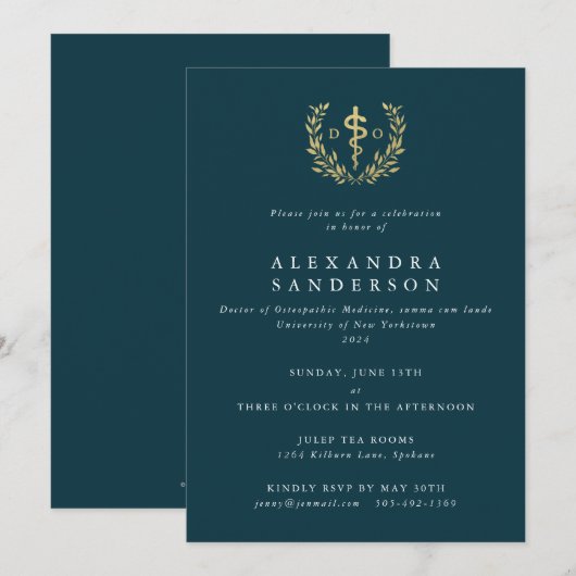 Invitation Diplômé en médecine ostéopathique sarcelle/or (Devant / Derrière)