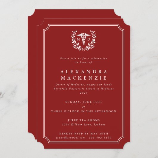 Invitation Diplôme en rouge/blanc MD Caduceus (Devant / Derrière)