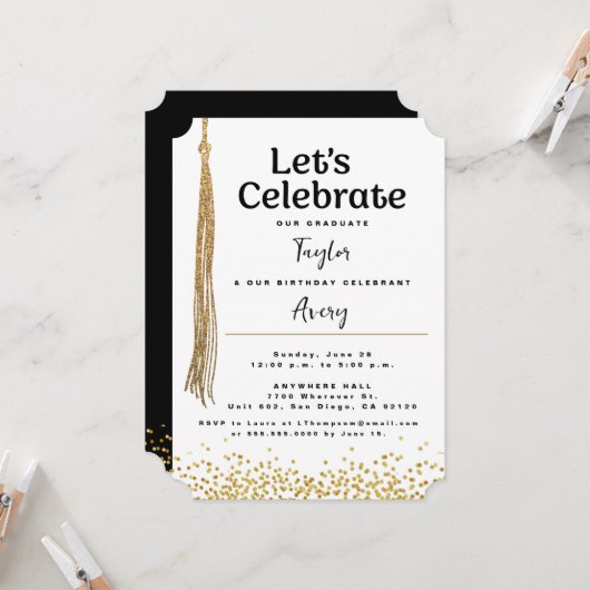 Invitation Diplôme et Anniversaire Célébration Conjointe Or N (Devant/Arrière en situation)