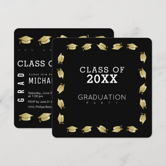 Invitation diplôme / fête de diplôme noir (Devant / Derrière)