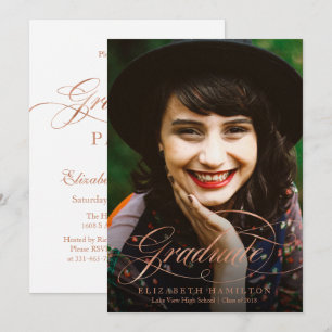 Invitation Diplômé Feuille Rose Or Classique Photo de Script