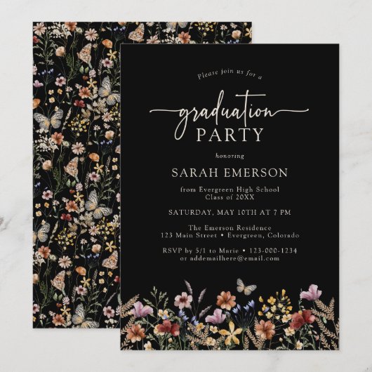 Invitation Diplôme Floral Noir (Devant / Derrière)