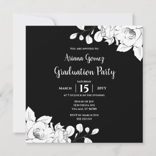 Invitation Diplôme Floral Noir Et Blanc (Devant)