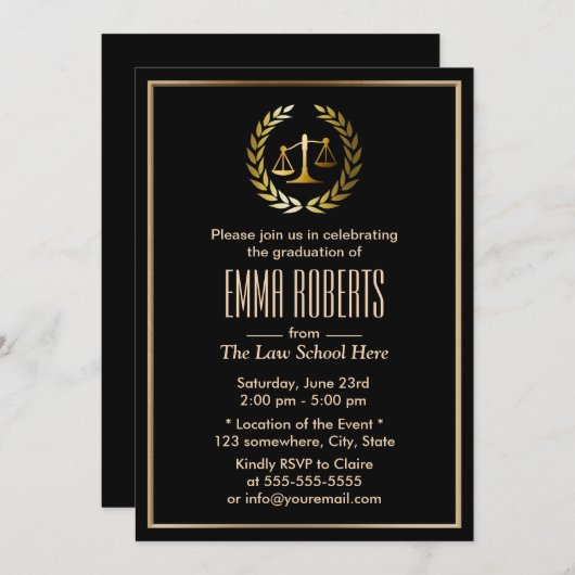 Invitation Diplôme Formel Black & Gold Law School (Devant / Derrière)
