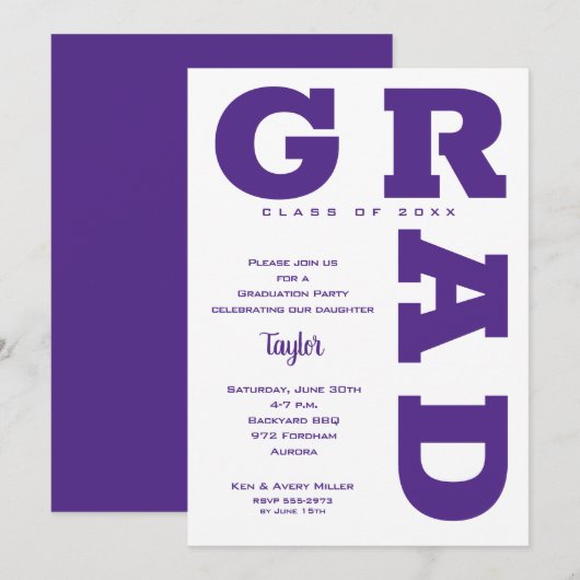 Invitation Diplômé GRAD Violet et Blanc Diplômé en Gras (Devant / Derrière)