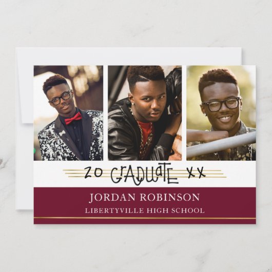 Invitation Diplômé imprimé à la main | Lignes Maroon et Or (Devant)