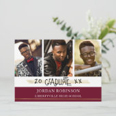 Invitation Diplômé imprimé à la main | Lignes Maroon et Or (Debout devant)