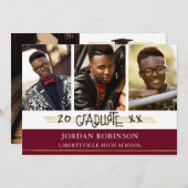 Invitation Diplômé imprimé à la main | Lignes Maroon et Or (Devant / Derrière)