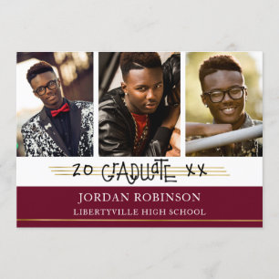 Invitation Diplômé imprimé à la main Lignes Maroon et Or