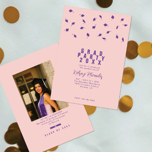 Invitation Diplôme Jet de Casquette Rose Pâle & Violet Fête d