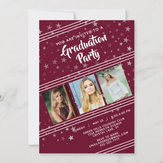 Invitation Diplômé, lignes et étoiles | Couleur modifiable | (Dos)