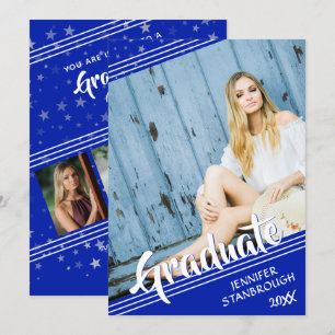 Invitation Diplômé, lignes et étoiles Royal Blue & White 4-