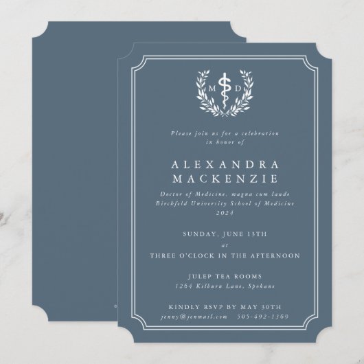 Invitation Diplôme MD Asclepius Bleu-Gris + Couronne de Lauri (Devant / Derrière)