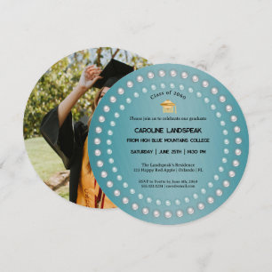 Invitation Diplôme Métal Brossé Bleu Turquoise & Perles