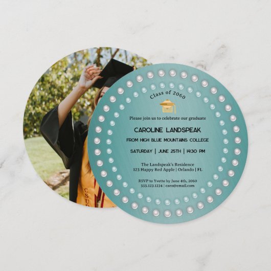Invitation Diplôme Métal Brossé Vert Sarcelle & Perles (Devant / Derrière)