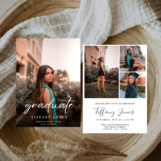 Invitation Diplômé moderne blanc Script 4 Photos Graduation
