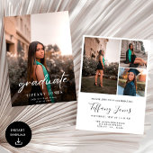 Invitation Diplômé moderne blanc Script 4 Photos Graduation