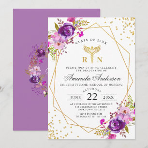 Invitation Diplôme Moderne Fleurie Violette d'École d'Infirmi