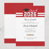 Invitation Diplômé moderne Rouge Blanc Simple Graduation (Devant / Derrière)