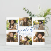 Invitation Diplômé moderne six photo collage bleu diplôme (Debout devant)