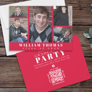 Invitation Diplômé Multiphoto Collage Crimson Code QR rouge