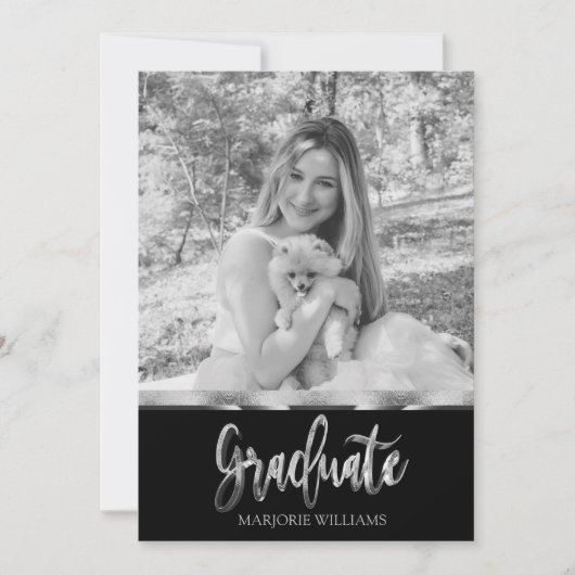 Invitation Diplômé noir et gris argenté Script (Devant)