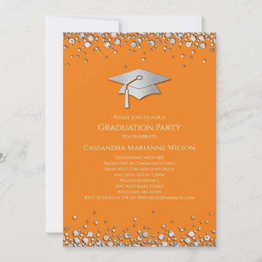 Invitation Diplômé Orange et Argent (Devant)