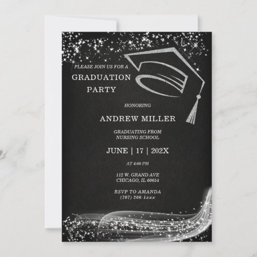 Invitation Diplômé Paillettes Noires et Argentées (Devant)