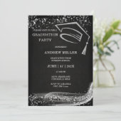 Invitation Diplômé Paillettes Noires et Argentées (Debout devant)
