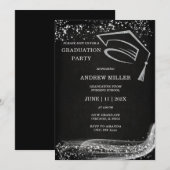 Invitation Diplômé Paillettes Noires et Argentées (Devant / Derrière)