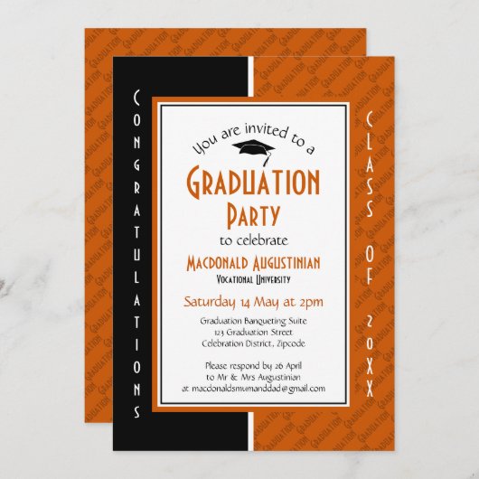 Invitation DIPLÔMÉ Personnalisé Orange noir (Devant / Derrière)