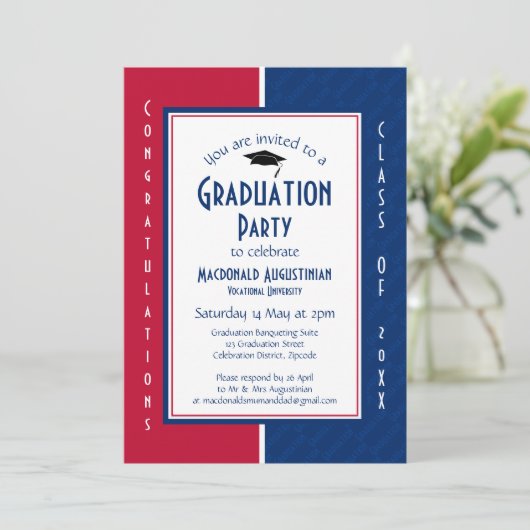 Invitation DIPLÔME Personnalisé Rouge Blanc Bleu Bleu (Debout devant)