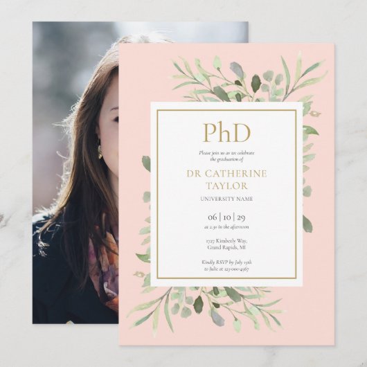 Invitation Diplôme Phd Blush Pink Greenery Photo Graduation (Devant / Derrière)