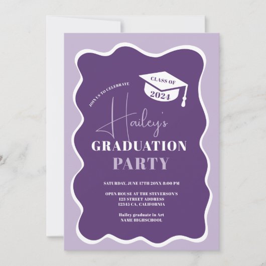 Invitation Diplôme photo avec cadre ondulé violet rétro (Devant)