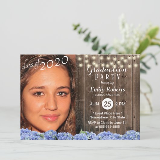 Invitation Diplôme photo Bois rustique Hydrangée Floral (Debout devant)