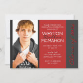 Invitation Diplôme photo en Gris rouge profond et gris rayé (Devant)