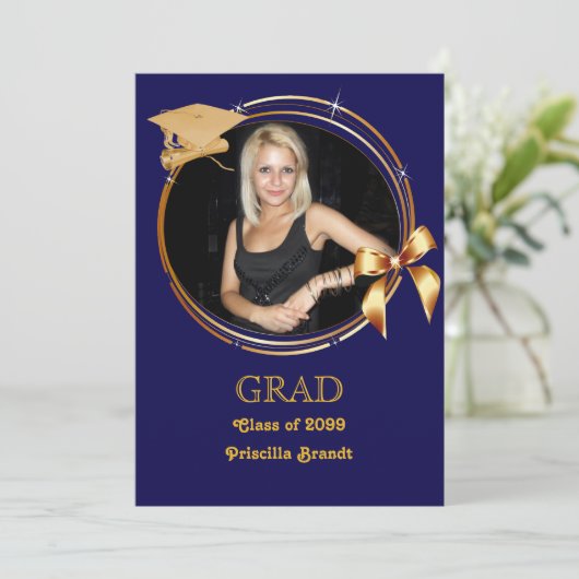 Invitation Diplôme, photo, marine, or, cadre, casquette de gr (Debout devant)