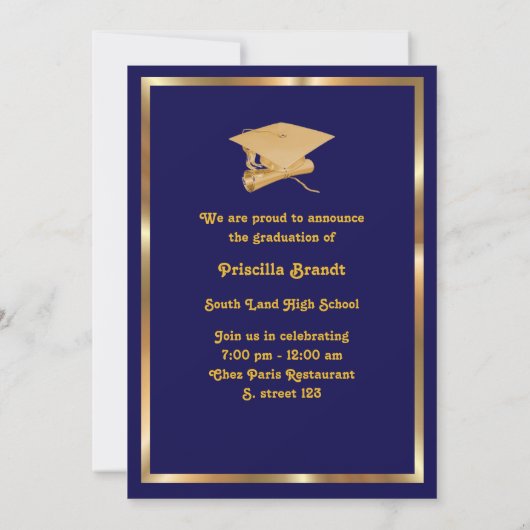 Invitation Diplôme, photo, marine, or, cadre, casquette de gr (Dos)