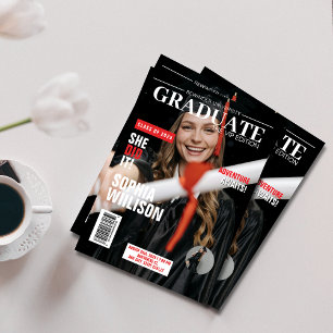 Invitation Diplôme photo moderne de magazine noir et rouge