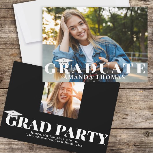 Invitation Diplômé Photo moderne Typographie simple Noir