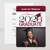 Invitation Diplôme photo noir et rouge profond 2025 (Devant / Derrière)