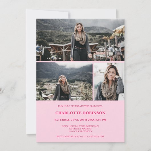 Invitation Diplôme photo rétro rétro néon rose (Dos)