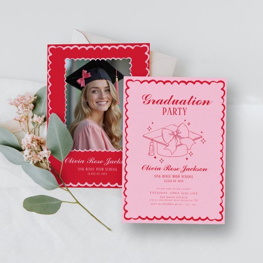 Invitation Diplôme photo rose et rouge rétrograde